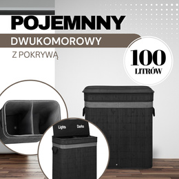 Kosz na pranie 100L z pokrywą czarny bambus dwukomorowy 