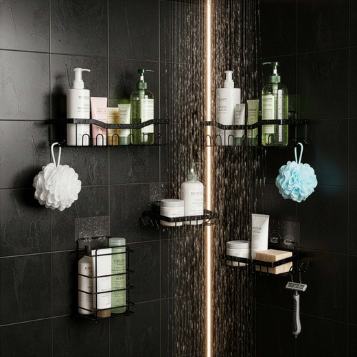 Półki łazienkowe, zestaw 5 szt. półka pod prysznic, wisząca, czarne