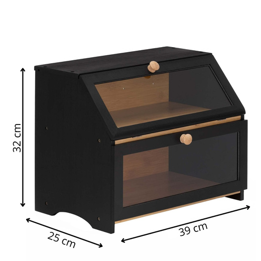 Chlebak zamykany, dwupoziomowy, szafka na pieczywo, bambusowy, czarny