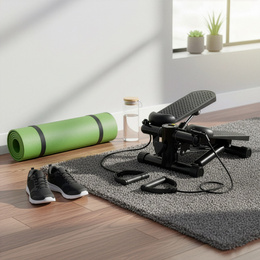 Stepper prosty do ćwiczeń z linkami i licznikiem, trening cardio, fitness czarny