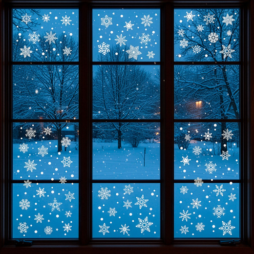 Naklejki świąteczne na okno 65 szt. płatki śniegu, ozdoby samoprzylepne, białe