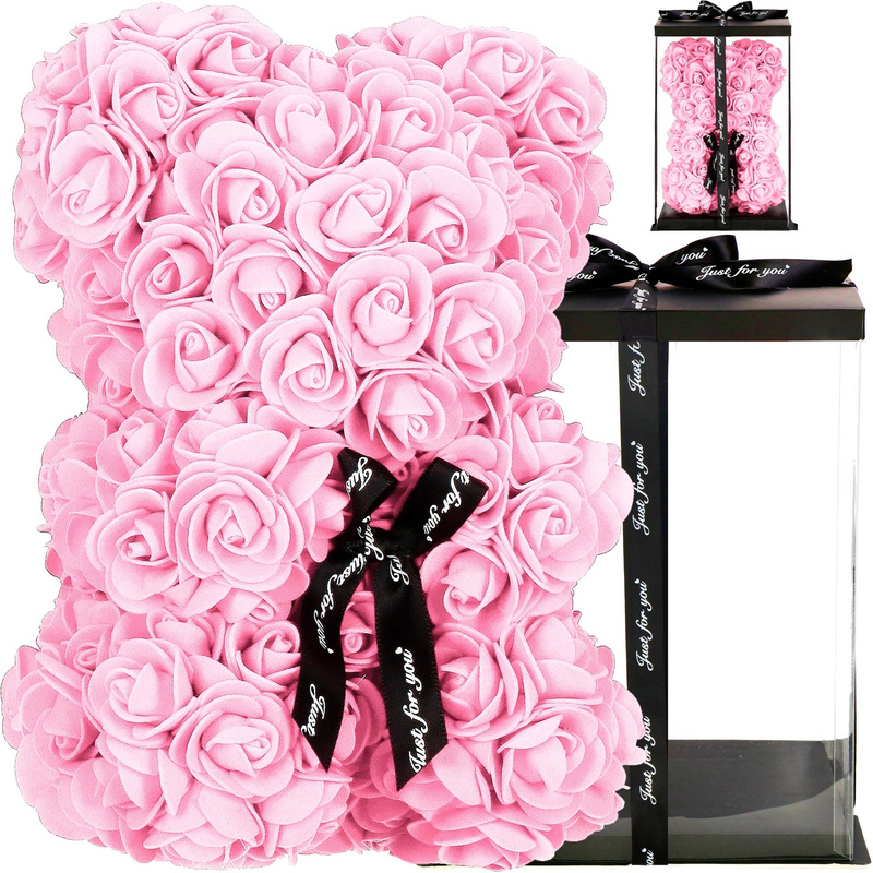 Miś z płatków róż 22 cm rose bear z kokardką i opakowaniem różowy