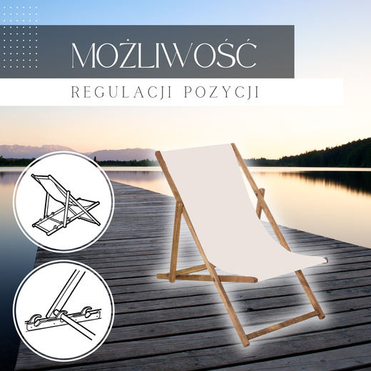 Leżak ogrodowy, drewniany z 3-stopniową regulacją, plażowy, balkonowy, ecru 