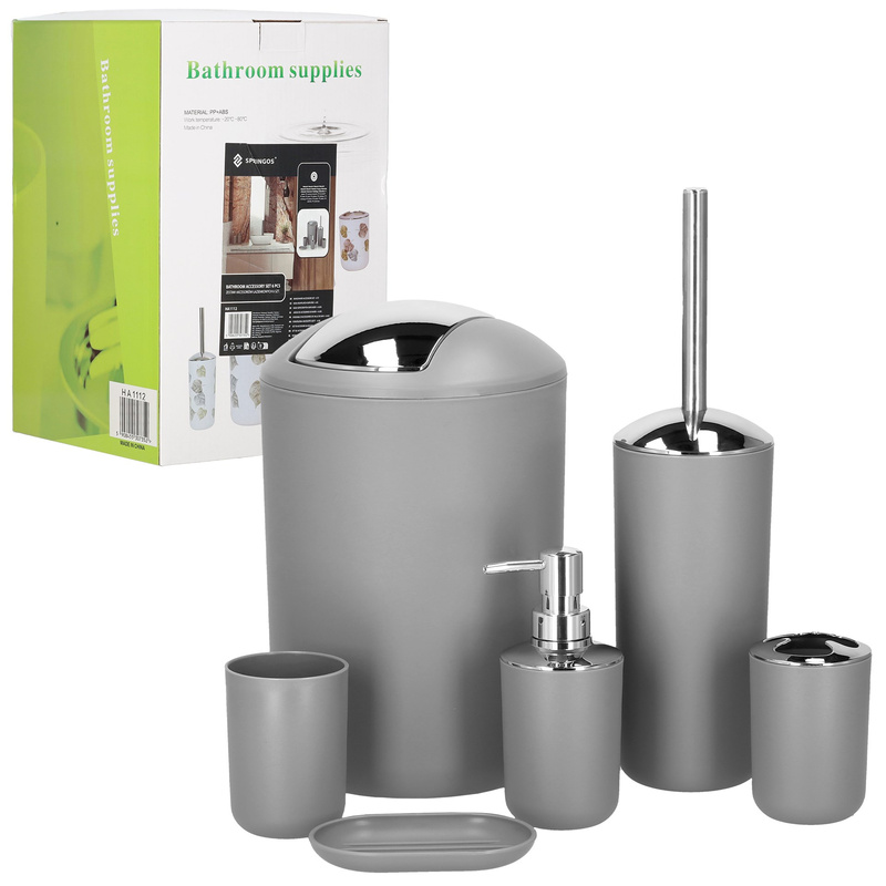 Zestaw łazienkowy 6w1 akcesoria do wc łazienki loft szczotka kubki kosz dozownik szary