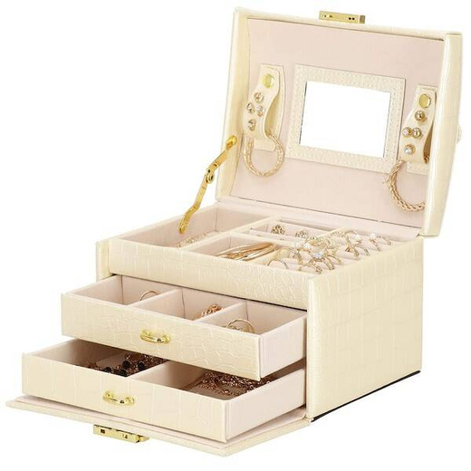 Szkatułka na biżuterię ekoskóra 17,5x14x12,5 cm ecru organizer z przegródkami