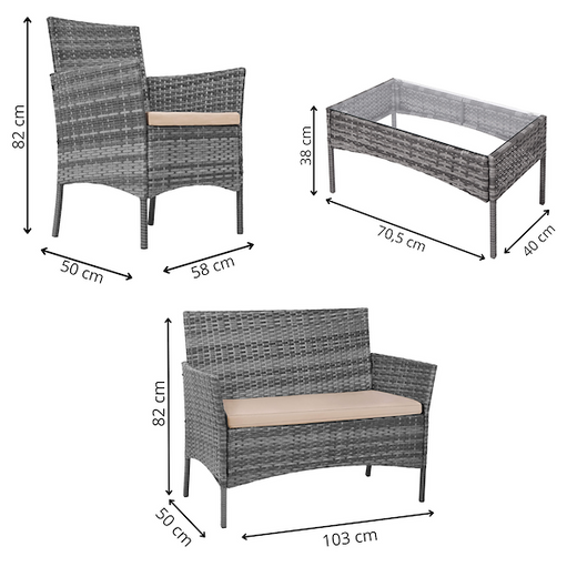 Meble ogrodowe zestaw technorattan sofa, fotele i stolik ze szkłem hartowanym szare