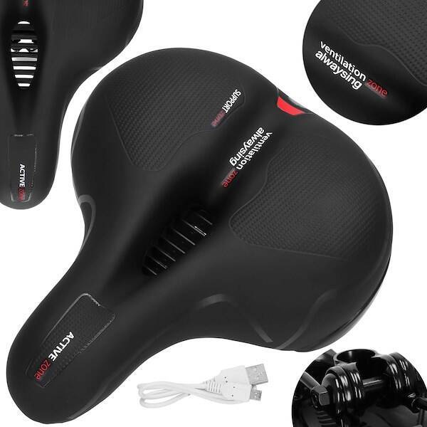 Siodełko do roweru żelowe z lampką, wentylowane czarne