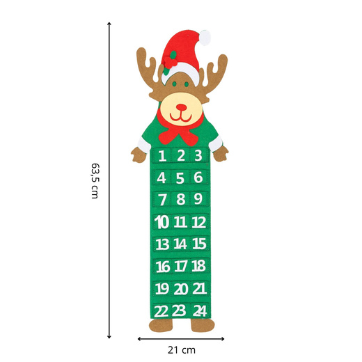Kalendarz adwentowy, wiszący z 24 przegródkami Renifer, dekoracja świąteczna, filc, multikolor