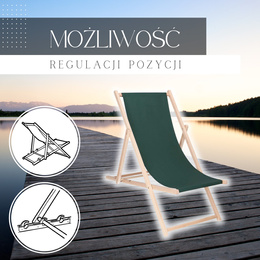 Leżak ogrodowy, drewniany z 3-stopniową regulacją, plażowy, balkonowy, ciemnozielony