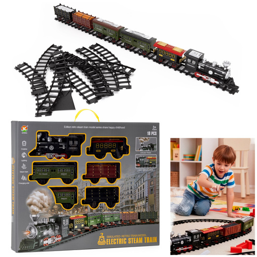 Pociąg z wagonami dla dzieci z mgiełką i dźwiękami, lokomotywa parowa z torami na baterie