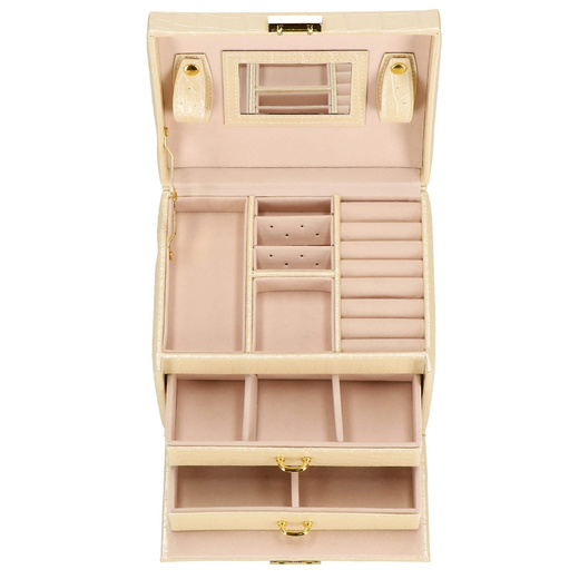 Szkatułka na biżuterię ekoskóra 17,5x14x12,5 cm ecru organizer z przegródkami