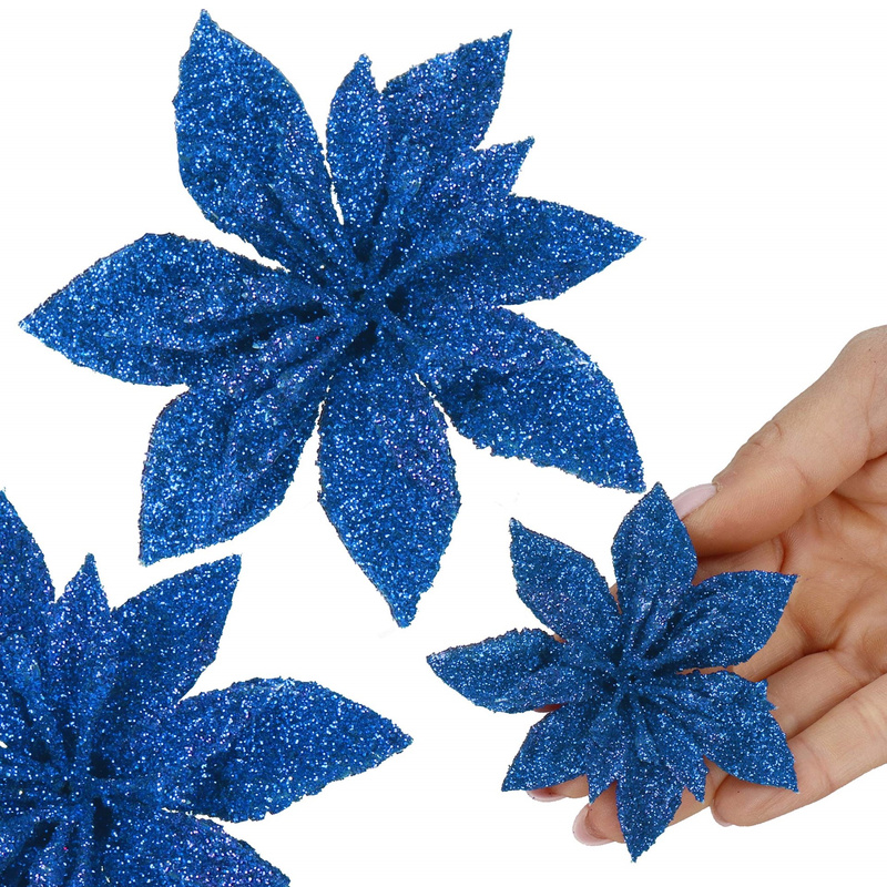 Gwiazda betlejemska, sztuczny kwiat poinsecja niebieski z brokatem