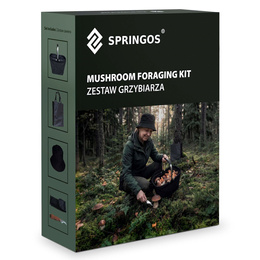 Zestaw akcesoriów grzybiarza: kosz na grzyby, nóż, miotełka, kapelusz do lasu, czarny