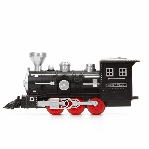 Pociąg z wagonami dla dzieci z mgiełką i dźwiękami, lokomotywa parowa z torami na baterie