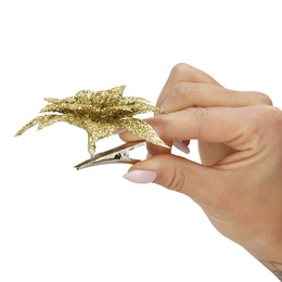 Gwiazda betlejemska, sztuczny kwiat, poinsecja złota z brokatem na klipsie