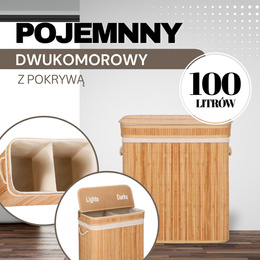 Kosz na pranie 100l z pokrywą bambusowy, dwukomorowy jasnobrązowy