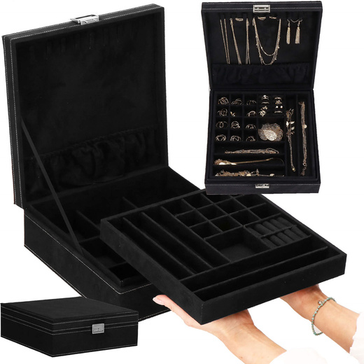 Szkatułka na biżuterię 26x26x9 cm czarny, welurowy organizer z przegródkami