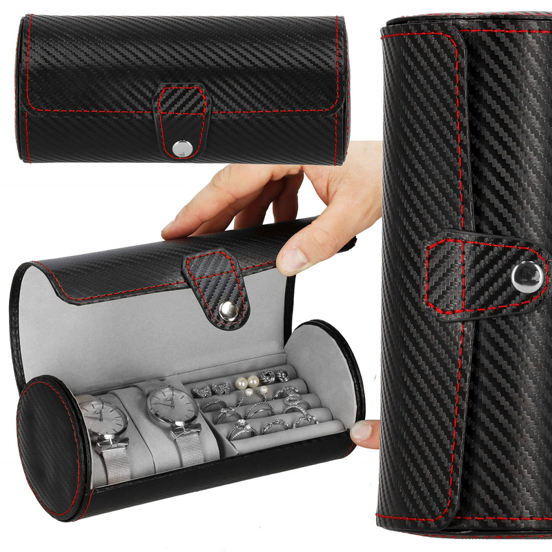 Szkatułka na zegarki czarna carbon organizer z 2 przegródkami