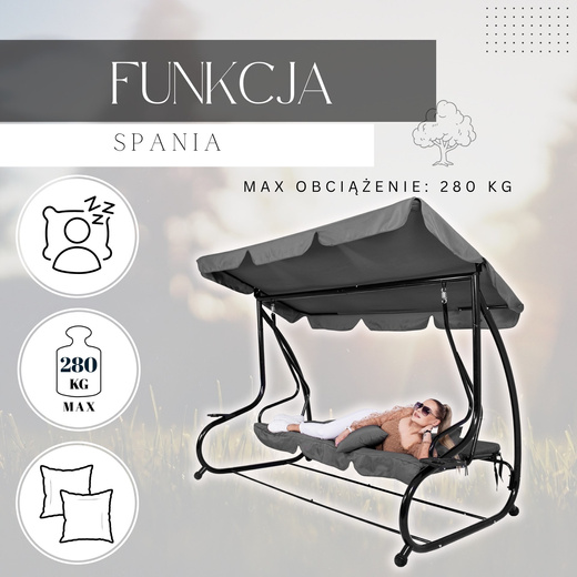 Huśtawka ogrodowa linda 4 osobowa 300 kg stalowa z regulowanym daszkiem szara