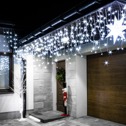 Kurtyna świetlna 300 led girlanda, lampki wewnętrzno-zewnętrzne 15,5 m sople biały zimny + flash