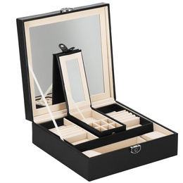 Szkatułka na biżuterię ekoskóra 25 x 25 x 8,5 cm czarny organizer z przegródkami i lusterkiem