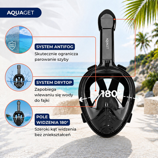 Maska do nurkowania L/XL pełnotwarzowa, z rurką, AntiFog, DryTop do snorkelingu regulowana