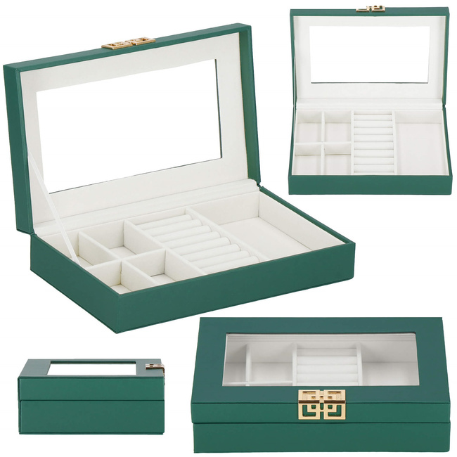 Szkatułka na biżuterię 23,5x14x5,5 cm zielony, ekoskóra organizer z przegródkami