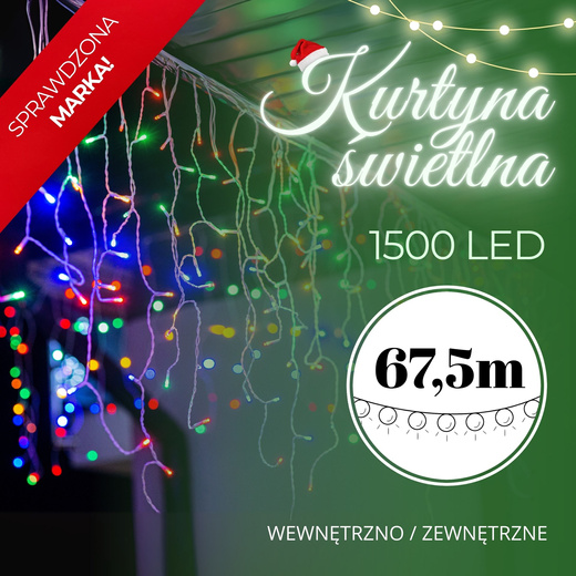 Kurtyna świetlna 1500 led girlanda, lampki wewnętrzno-zewnętrzne 67,5m sople multikolor