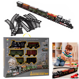 Pociąg z wagonami dla dzieci z mgiełką i dźwiękami, lokomotywa parowa z torami na baterie