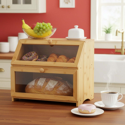 Chlebak zamykany, dwupoziomowy, szafka na pieczywo, bambusowy
