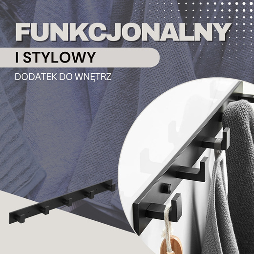 Wieszak łazienkowy ścienny z 5 haczykami do przedpokoju, kuchni aluminiowy czarny