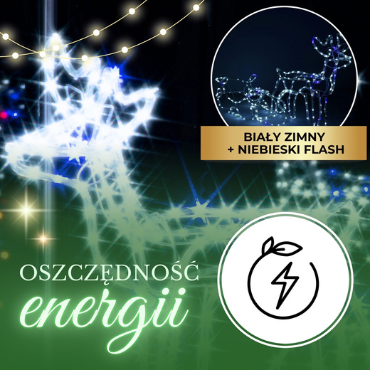 Renifer Led świąteczny z saniami 210 cm świetlna dekoracja biały zimny + flash