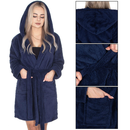 Szlafrok damski z polaru rozm. L/XL z kapturem i paskiem granatowy