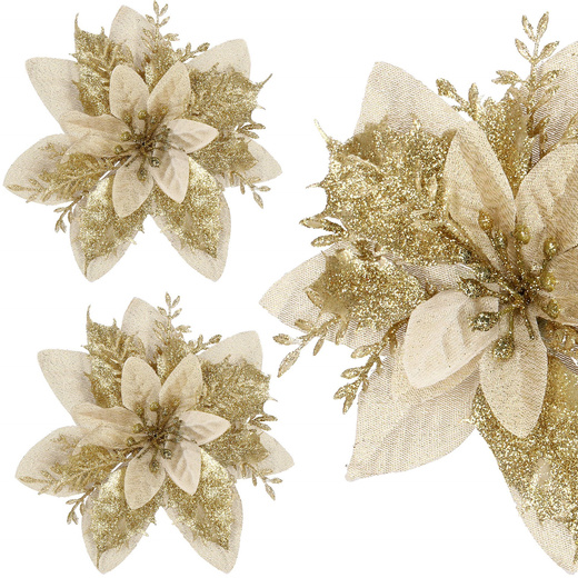 Gwiazda betlejemska, sztuczny kwiat, poinsecja kremowo-złota z brokatem na klipsie