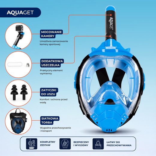 Maska z rurką do nurkowania, snorkelingu L/XL pełnotwarzowa, AntiFog, uchwyt na kamerę