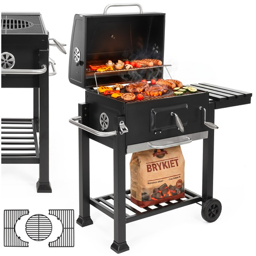 Grill węglowy, ogrodowy z pokrywą, termometr, ruszt emaliowany