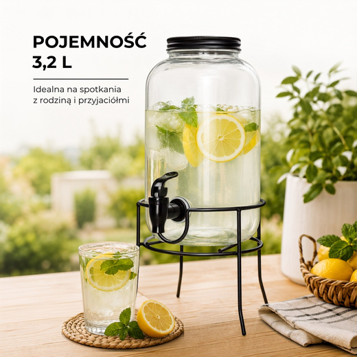 Słój szklany 3,2l z kranikiem na stojaku pojemnik na lemoniadę dyspozytor do napojów
