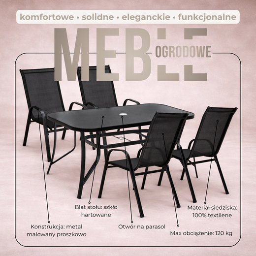 Meble ogrodowe metalowe zestaw dla 4 osób stół 120 cm szkło hartowane i 4 krzesła czarne