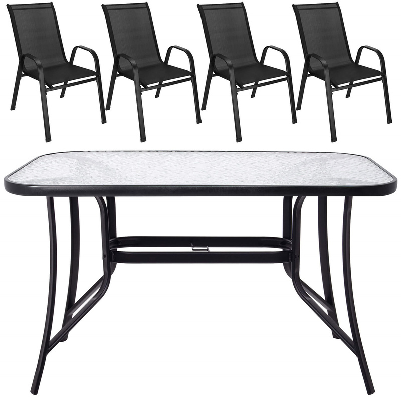 Meble ogrodowe zestaw krzesła, stół ze szkłem hartowanym dla 4 osób czarny