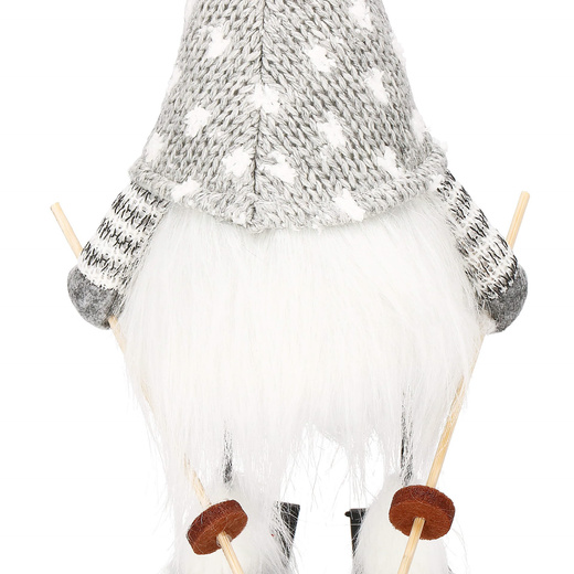 Skrzat na nartach 34 cm ozdoba świąteczna, ruchomy krasnal świąteczny, gnom szary