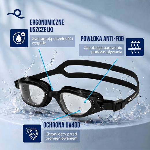 Okulary do pływania z zatyczkami do uszu, nosa zestaw okularki na basen UV Anti-fog