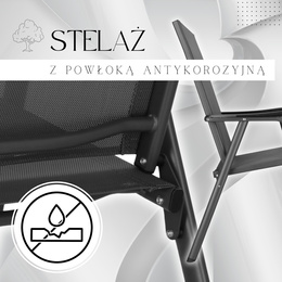 Meble ogrodowe zestaw na taras dla 6 osób: stół z bezbarwnym szklanym blatem i 6 krzeseł metalowe, czarno-szary