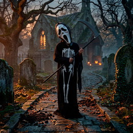 Strój na Halloween dla dzieci kostium śmierć z maską, peleryną i kosą kostucha przebranie