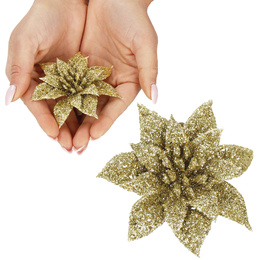 Gwiazda betlejemska, sztuczny kwiat, poinsecja złota z brokatem na klipsie