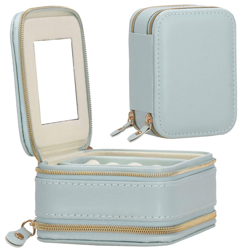 Szkatułka na biżuterię ekoskóra 11,5x8,5x5,5 cm błękitny organizer z przegródkami i lusterkiem