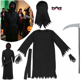 Przebranie na Halloween 146/152 cm strój śmierć, żniwiarz, kostium kostuchy, kosa, okulary LED