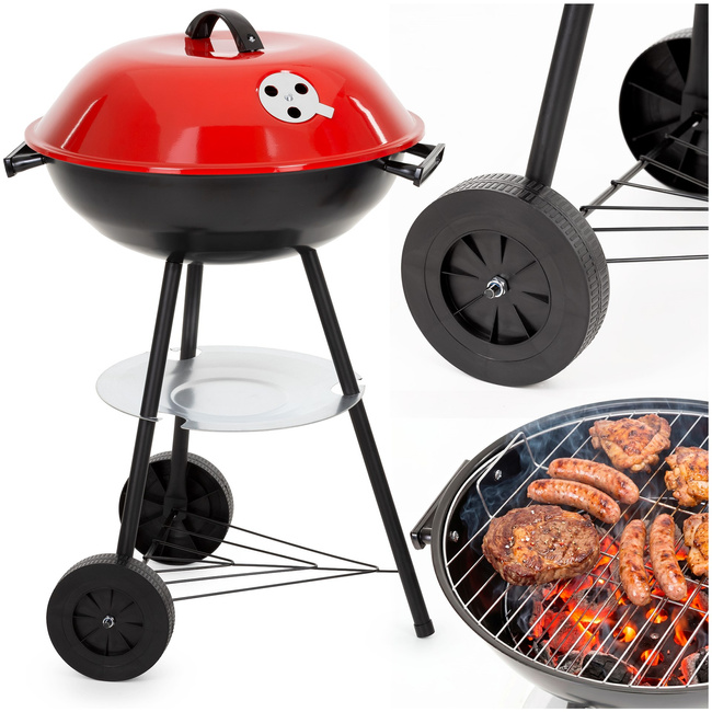 Grill węglowy, zamykany pokrywą okrągły, ruszt 41 cm przenośny, czarno-czerwony