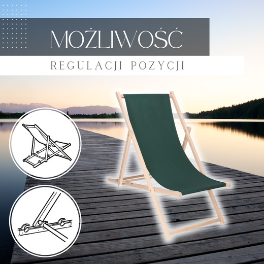 Leżak ogrodowy, drewniany z 3-stopniową regulacją, plażowy, balkonowy, ciemnozielony