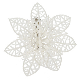 Gwiazda betlejemska, sztuczny kwiat, poinsecja ażurowa, biała z brokatem na klipsie