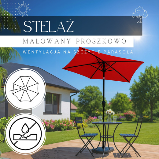Parasol ogrodowy składany 260 cm duży z korbą na balkon czerwony